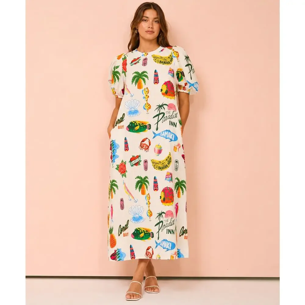 Sunday Up Paradise Printed Puff Sleeve Midi Dress Beige Multi Size Medium - Picture 2 of 11
